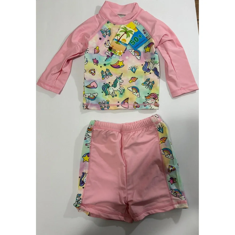 Kids Girls Pink Unicorn Rainbow Rash‎ Guard Swimsuit Set 12M UPF 50+
